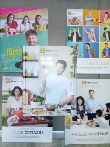 Végkiárusítás 5 db LIDL szakácskönyv: Hazai ízutazás + A főzés mindenkié + Megint segít a séf + Az étel iskolája + Örömfőzés Mizsei Janival és Kapunics Grétivel