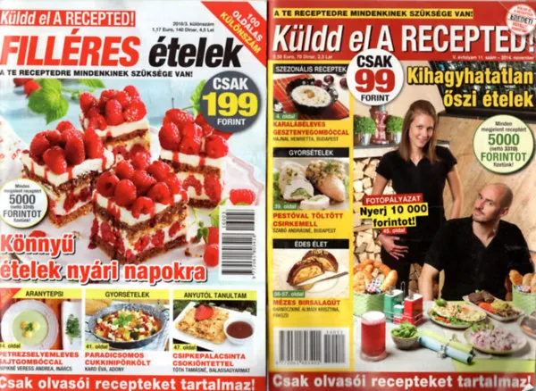 Korlátozott ajánlat 4 db vegyes szakácsfüzet ( együtt ) 1. Küldd el a recepted ! - édességek, 2. Konyhasziget 2015/3, 3. Küldd el a recepted ! -Kihagyhatatlan őszi ételek , 4. Küldd el a recepted ! - Filléres ételek