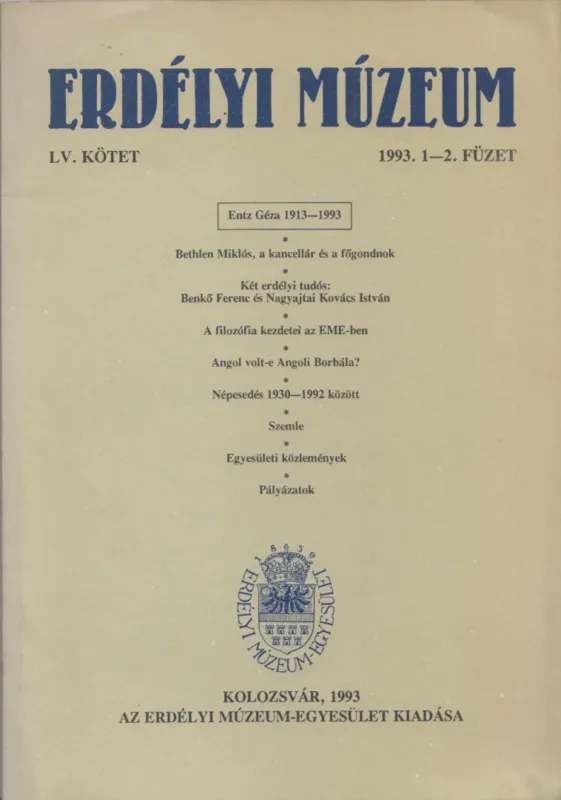 Kihagyhatatlan ajánlat Erdélyi Múzeum LV. kötet 1993. 1-2. füzet