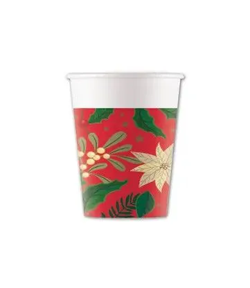 Karácsonyi Holly Poinsettia papír pohár 8 db-os 200 ml FSC Árcsökkenés
