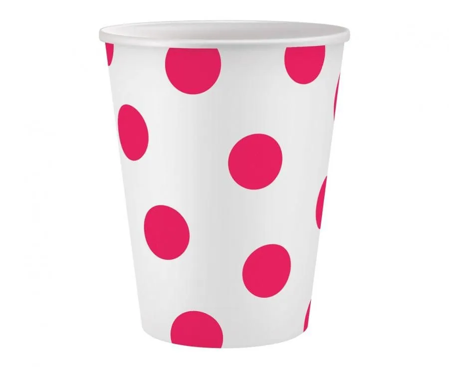 Vörös Magenta Polka Dots papír pohár 6 db-os 250 ml Azonnali szállítás