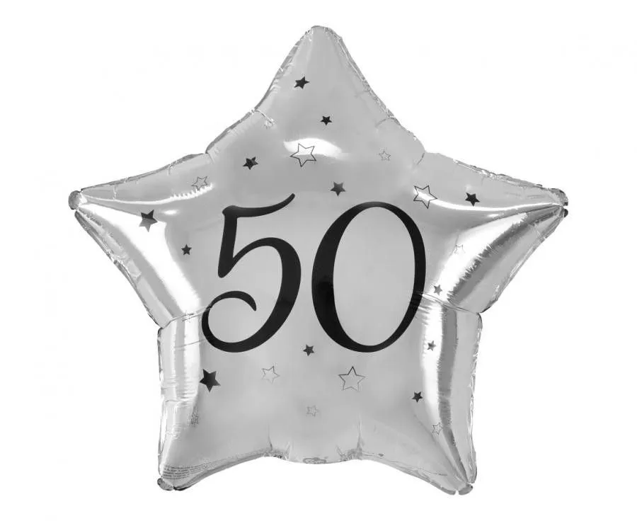Happy Birthday Silver, Ezüst csillag 50 fólia lufi 44 cm Expressz szállítás